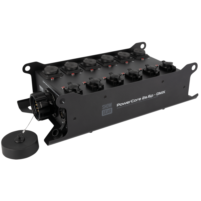 Showgear PowerCore 2s.6p - DMX
Breakout Multipin S19 in/out to 6x Power Pro True + 5p DMX splitter